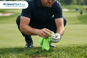 Golfer cleaning a club and ball with a microfiber cloth beside cotton and poly-cotton towels for drying hands and managing sweat