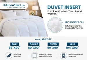 Premium microfiber duvet insert with microfiber fill and Twin, Double, Queen, and King sizes