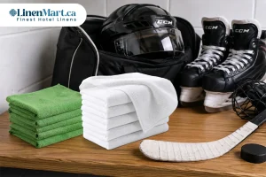 Small cotton face towels and polyester microfiber cloths used for sweat control and cleaning hockey sticks, skates, helmets, and visors