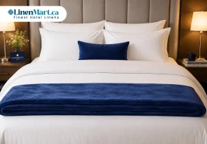 Soft flannel fleece blanket layered on a Canadian hotel bed for winter comfort